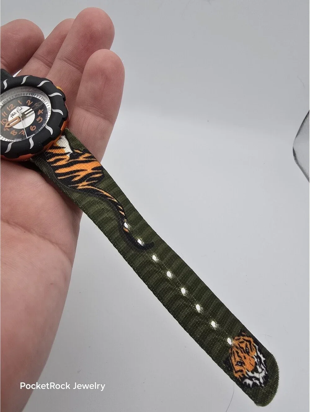 Flik Flak Swiss Made Tiger Print Green Fabric Strap Kids Quartz Watch 2010